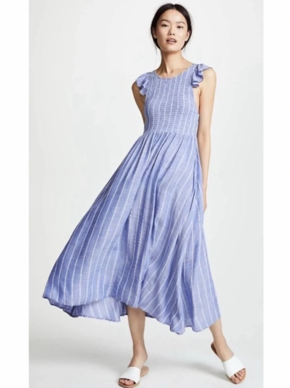 Free People Blue Striped Chambray Smocked Maxi Dress